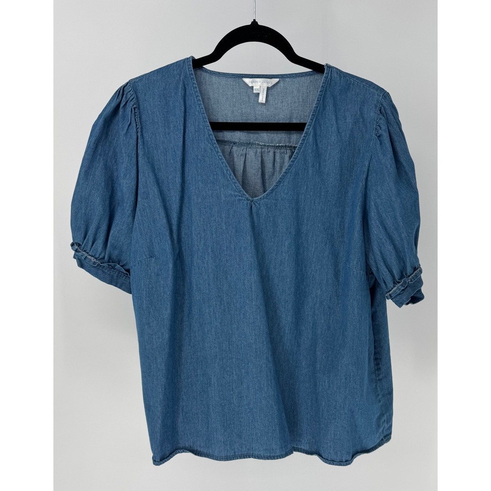 Draper James Denim Jean Chambray‎ Puff Sleeve V Neck Top Women's XXL